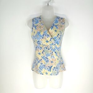 CROFT & BARROW Women’s Yellow Blue Floral Sleeveless Top M Retro Print Fitted